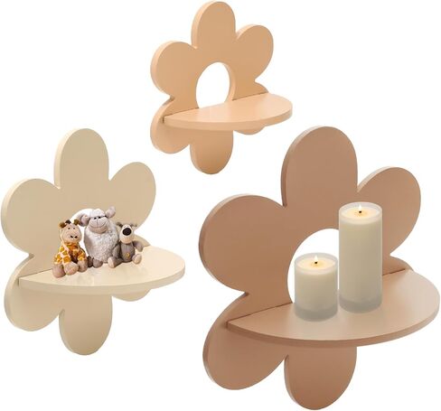 JarThenaAMCS 3Pcs Boho Daisy Wall Shelf Cute Flower Wooden Floating Shelf Hanging Display Stand for Home Living Room Bedroom Bathroom Decor in Saudi Arabia