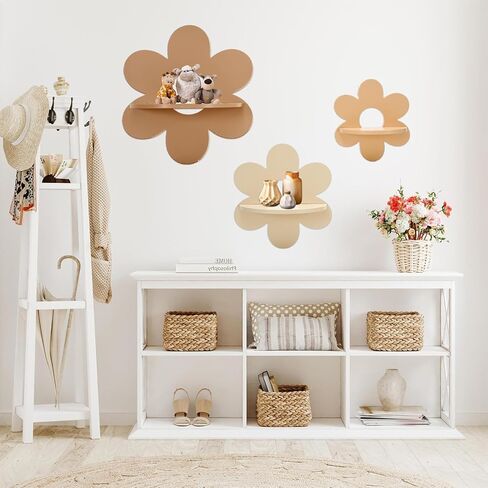 JarThenaAMCS 3Pcs Boho Daisy Wall Shelf Cute Flower Wooden Floating Shelf Hanging Display Stand for Home Living Room Bedroom Bathroom Decor in Saudi Arabia