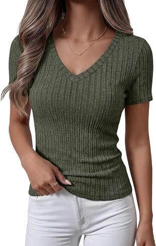 ANRABESS Womens Tops Short Sleeve V Neck Shirts Slim Fit Ribbed Knit Shirt 2026 Summer Dressy Casual Lightweight Sweaters in Saudi Arabia