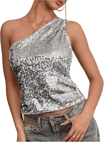 سترة علوية نسائية بكتف واحد لامعة من SOLY HUX Y2k بدون أكمام من الترتر اللامع والحفلات الموسيقية in Kuwait