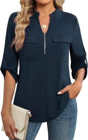 Funlingo Women's 3/4 Length Sleeve Tops Business Casual Blouses Zip Front V Neck Work Shirts Loose Fit Tunic Tops 2026 in Kuwait