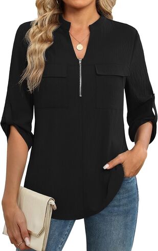 Funlingo Women's 3/4 Length Sleeve Tops Business Casual Blouses Zip Front V Neck Work Shirts Loose Fit Tunic Tops 2026 in Saudi Arabia