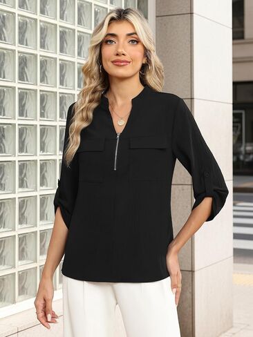 Funlingo Women's 3/4 Length Sleeve Tops Business Casual Blouses Zip Front V Neck Work Shirts Loose Fit Tunic Tops 2026 in Saudi Arabia