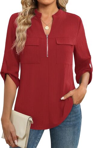 Funlingo Women's 3/4 Length Sleeve Tops Business Casual Blouses Zip Front V Neck Work Shirts Loose Fit Tunic Tops 2026 in Saudi Arabia