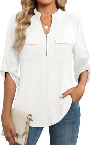 Funlingo Women's 3/4 Length Sleeve Tops Business Casual Blouses Zip Front V Neck Work Shirts Loose Fit Tunic Tops 2026 in Saudi Arabia
