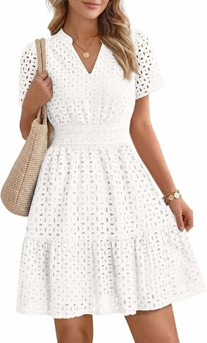 LILLUSORY Womens 2026 Summer Dress Mini V Neck A Line Hollow Out Lace Spring Cute Casual Beach Vacation Outfits Party Dresses in Saudi Arabia