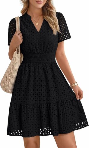 LILLUSORY Womens 2026 Summer Dress Mini V Neck A Line Hollow Out Lace Spring Cute Casual Beach Vacation Outfits Party Dresses in Saudi Arabia