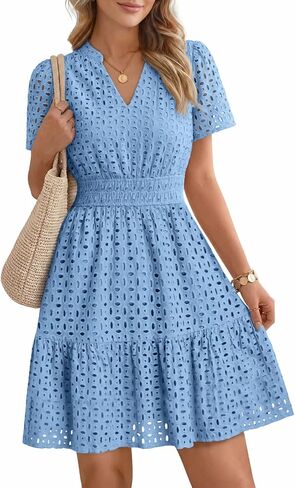 LILLUSORY Womens 2026 Summer Dress Mini V Neck A Line Hollow Out Lace Spring Cute Casual Beach Vacation Outfits Party Dresses in Saudi Arabia