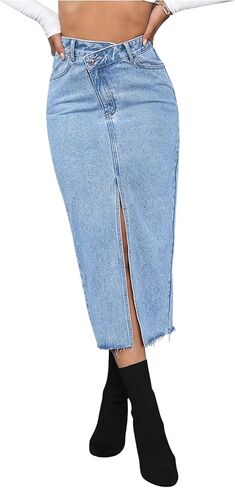 تنورة SweatyRocks النسائية الكاجوال عالية الخصر من قماش الدنيم بحاشية مقسمة وتنورات جينز متوسطة الطول in Kuwait