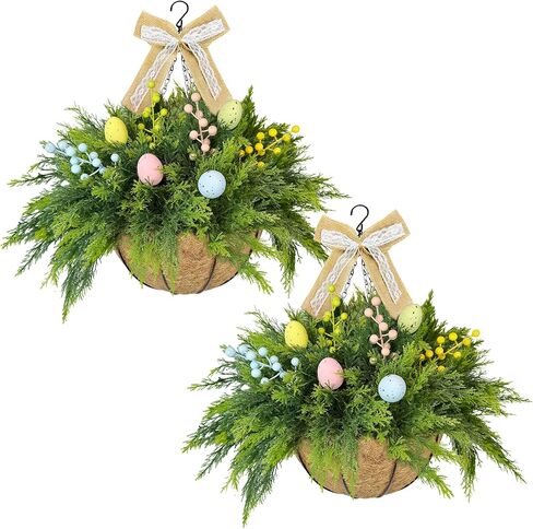 مجموعة من سلتين من سلات الزهور النباتية المعلقة لعيد الفصح، وعاء زرع وهمي معلق مع 24 قطعة من أوراق السرو، والسراخس الصناعية مع بيض عيد الفصح والتوت للشرفة ديكور الربيع في الهواء الطلق، والحديقة، والفناء in Kuwait