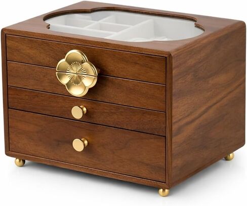 صندوق مجوهرات من الجوز الأسود للنساء، 4 طبقات، مع غطاء زجاجي وإغلاق مغناطيسي، تخزين مبطن مخملي مقاوم للغبار للساعات والقلائد والخواتم والأقراط - هدية للزوجة والأم والعروس والذكرى السنوية in Kuwait