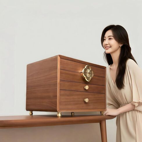 صندوق مجوهرات من الجوز الأسود للنساء، 4 طبقات، مع غطاء زجاجي وإغلاق مغناطيسي، تخزين مبطن مخملي مقاوم للغبار للساعات والقلائد والخواتم والأقراط - هدية للزوجة والأم والعروس والذكرى السنوية in Kuwait