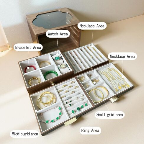 صندوق مجوهرات من الجوز الأسود للنساء، 4 طبقات، مع غطاء زجاجي وإغلاق مغناطيسي، تخزين مبطن مخملي مقاوم للغبار للساعات والقلائد والخواتم والأقراط - هدية للزوجة والأم والعروس والذكرى السنوية in Kuwait