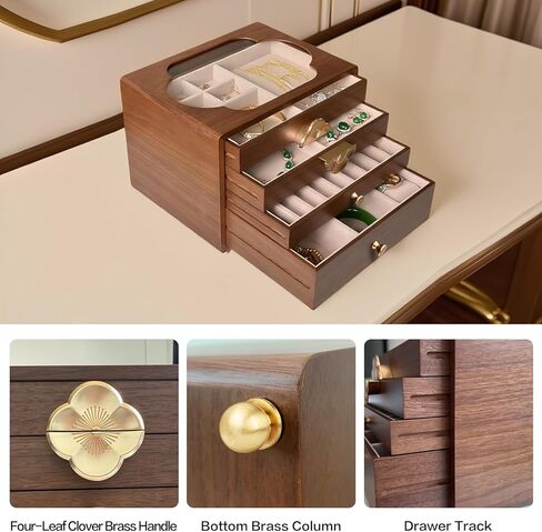 صندوق مجوهرات من الجوز الأسود للنساء، 4 طبقات، مع غطاء زجاجي وإغلاق مغناطيسي، تخزين مبطن مخملي مقاوم للغبار للساعات والقلائد والخواتم والأقراط - هدية للزوجة والأم والعروس والذكرى السنوية in Kuwait