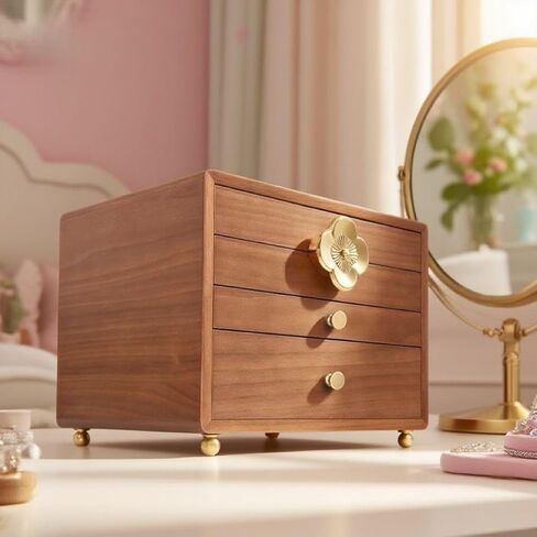 صندوق مجوهرات من الجوز الأسود للنساء، 4 طبقات، مع غطاء زجاجي وإغلاق مغناطيسي، تخزين مبطن مخملي مقاوم للغبار للساعات والقلائد والخواتم والأقراط - هدية للزوجة والأم والعروس والذكرى السنوية in Kuwait