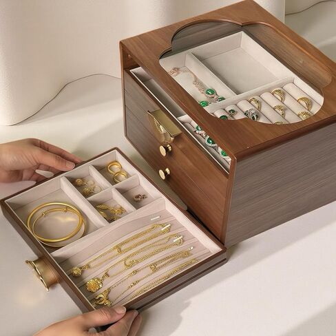 صندوق مجوهرات من الجوز الأسود للنساء، 4 طبقات، مع غطاء زجاجي وإغلاق مغناطيسي، تخزين مبطن مخملي مقاوم للغبار للساعات والقلائد والخواتم والأقراط - هدية للزوجة والأم والعروس والذكرى السنوية in Kuwait