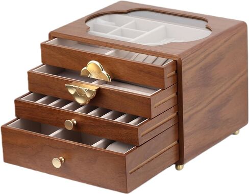 صندوق مجوهرات من الجوز الأسود للنساء، 4 طبقات، مع غطاء زجاجي وإغلاق مغناطيسي، تخزين مبطن مخملي مقاوم للغبار للساعات والقلائد والخواتم والأقراط - هدية للزوجة والأم والعروس والذكرى السنوية in Kuwait