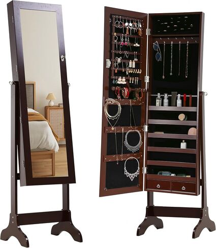 خزانة مجوهرات FDW مقاس 61 بوصة ارتفاعًا لخزانة مجوهرات قابلة للقفل مثبتة على الحائط/الباب مع درجين و6 أرفف مقاس 43.3 بوصة × 10.6 بوصة منظم مجوهرات عالي السعة (بني) in Kuwait