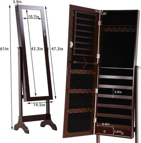 خزانة مجوهرات FDW مقاس 61 بوصة ارتفاعًا لخزانة مجوهرات قابلة للقفل مثبتة على الحائط/الباب مع درجين و6 أرفف مقاس 43.3 بوصة × 10.6 بوصة منظم مجوهرات عالي السعة (بني) in Kuwait