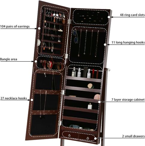 خزانة مجوهرات FDW مقاس 61 بوصة ارتفاعًا لخزانة مجوهرات قابلة للقفل مثبتة على الحائط/الباب مع درجين و6 أرفف مقاس 43.3 بوصة × 10.6 بوصة منظم مجوهرات عالي السعة (بني) in Kuwait