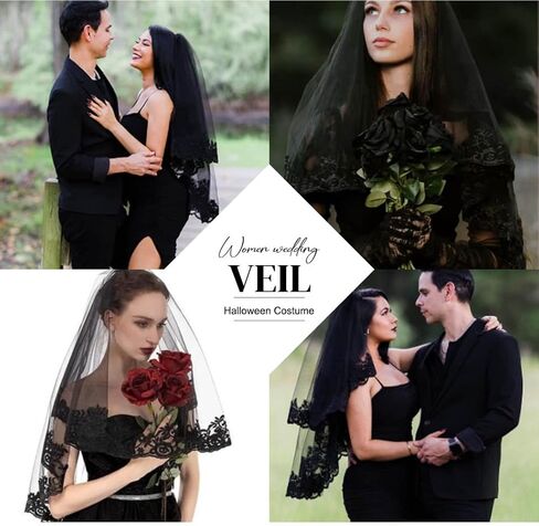 Black Lace Wedding Veil 2 Tier Fingertip Veils for Brides Short Ribbon Edge Veils for Halloween Pencil Edge Veil Bow in Kuwait
