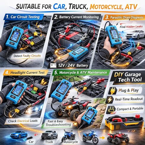 جهاز اختبار مسبار دائرة السيارات، جهاز اختبار الدائرة الكهربائية للسيارة، جهاز اختبار التيار عالي الدقة 20 أمبير 48 فولت، لاختبار أسلاك الصمامات والجهد الكهربي، واستنزاف البطارية الطفيلية وأداة تشخيص رسم التيار in Kuwait