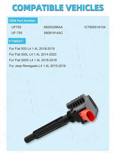 مجموعة من 4 حزمة ملف إشعال UF755 [L4 1.4L فقط] لسيارة فيات 500 2018 2019,500L 2014 2015 2016 2017 2018 2019 2020,500X 2016 2017 2018؛ لسيارة جيب رينيجيد 2015 2016 2017 2018,68200296AA 68081914AC in Saudi Arabia