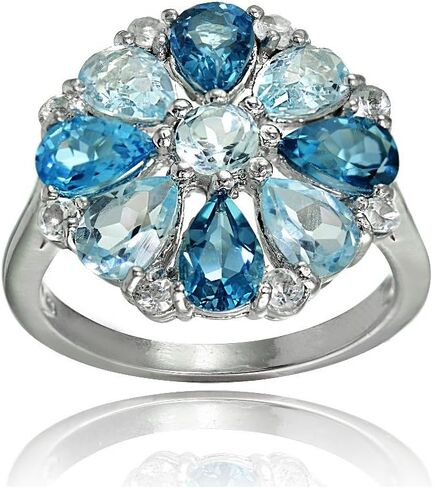 خاتم زهرة التوباز من الفضة الإسترليني الأصلية من Ice Gems باللون الأزرق والأزرق والأبيض في لندن in Saudi Arabia