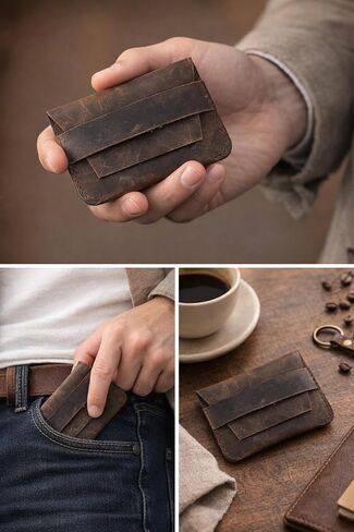 حافظة بطاقات عمل مصنوعة يدويًا من الجلد الطبيعي عالي الجودة للرجال والنساء (بني عتيق) in Kuwait