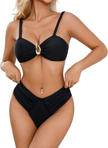 SherryDC Women's Sexy Ruched Bikinis High Rise V Cut Two Pieces Swimsuits Bandeau Bathing Suits in Saudi Arabia