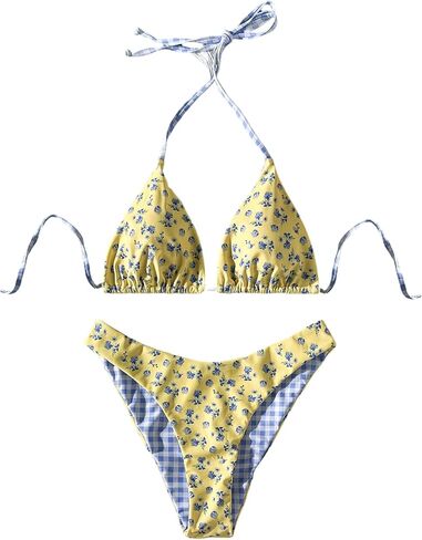 SHENHE Women's Gingham Bikini Set Triangle Halter Swimsuits Floral Coquette Boho Swimwear in Saudi Arabia
