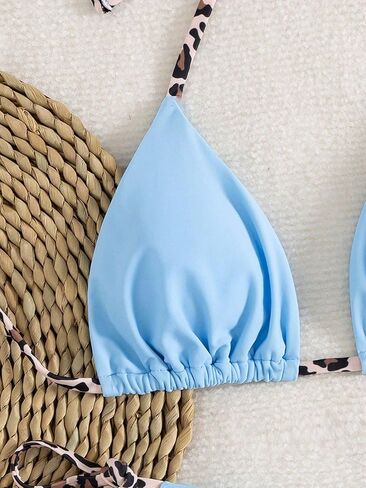 طقم بيكيني نسائي من MakeMeChic ذو رسن مثلث وملابس سباحة بطباعة الفهد الصلبة in Saudi Arabia