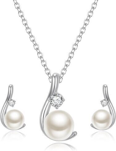Crysdue Wedding Jewelry for Bride Bridesmaid, Freshwater Cultured Pearls CZ Stud Earrings Pendant Necklace Set for Prom Party in Kuwait