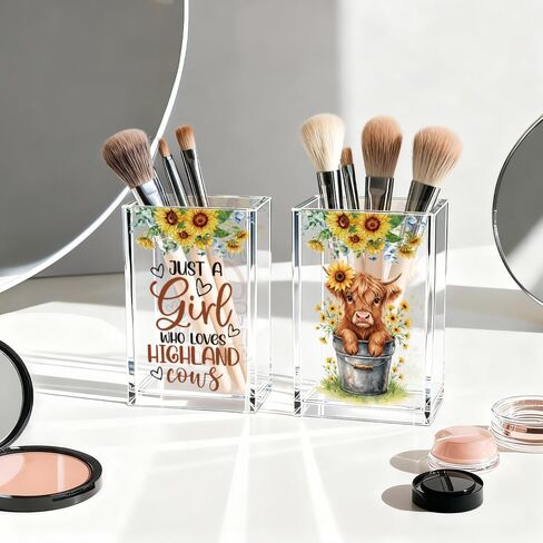 Just A Girl Who Loves Highland Cows Acrylic Cosmetic Pen Holder Cup Set 2, Cute Animal Pencil Holder Desk Organizer, Funny Desk Accessories, Highland Cow Lover Gifts for Women Coworkers Besties in Kuwait