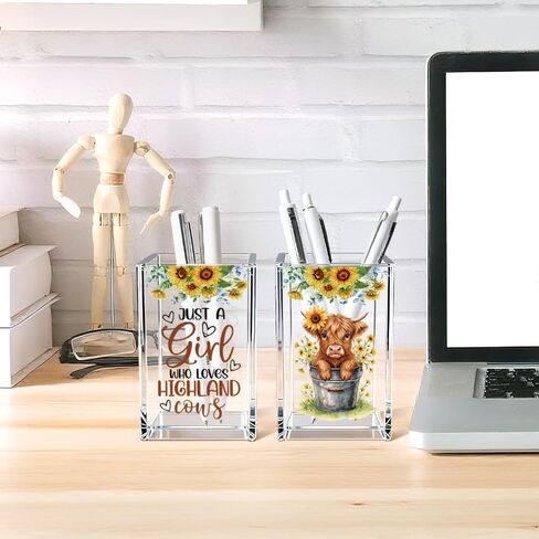 Just A Girl Who Loves Highland Cows Acrylic Cosmetic Pen Holder Cup Set 2, Cute Animal Pencil Holder Desk Organizer, Funny Desk Accessories, Highland Cow Lover Gifts for Women Coworkers Besties in Kuwait