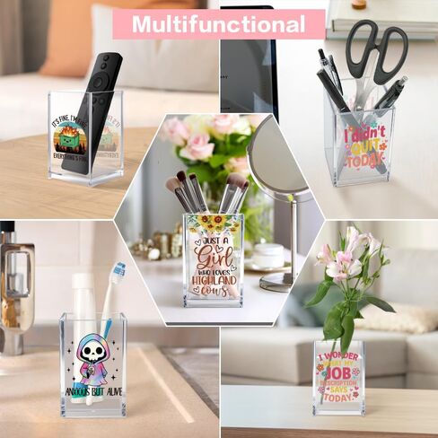 Just A Girl Who Loves Highland Cows Acrylic Cosmetic Pen Holder Cup Set 2, Cute Animal Pencil Holder Desk Organizer, Funny Desk Accessories, Highland Cow Lover Gifts for Women Coworkers Besties in Kuwait