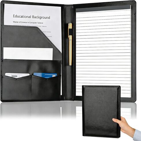 Padfolio Portfolio Binder, Faux Leather Folder, Resume Interview Legal Document Organizer, Letter Sized Writing Pad w/Business Card Holder, A4 Professional Folio for Office Conference (Black) in Saudi Arabia