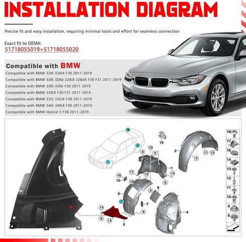 2Pcs Front Splash Shield Inner Fender Liner 51718055019 + 51718055020 Compatible with BMW 320i 328i 330i 335i 340i F30 F31 2011-2019 in Saudi Arabia