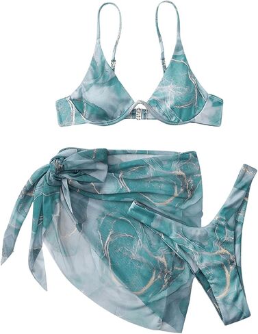 SHENHE Women's 3 Piece Swimsuits Underwire High Cut Cheeky Bikini Set with Sarong Cover Up in Saudi Arabia