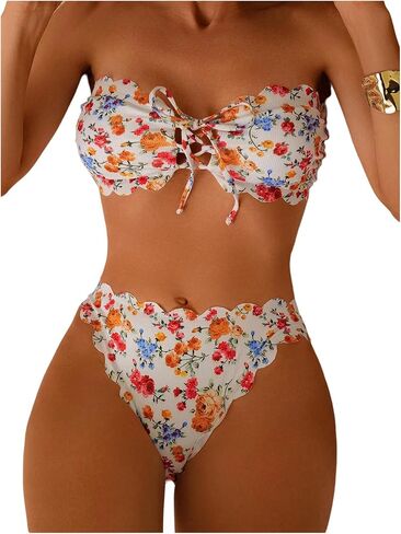 Women's Floral Bandeau Bikini Set Scallop Tie Front Bathing Suit Two Piece Swimsuit in Saudi Arabia