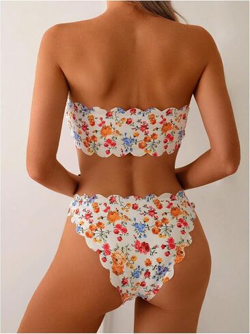 Women's Floral Bandeau Bikini Set Scallop Tie Front Bathing Suit Two Piece Swimsuit in Saudi Arabia