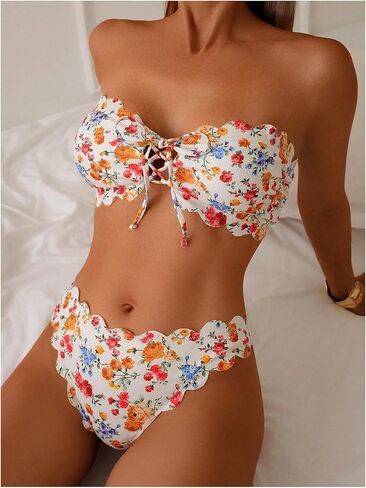 Women's Floral Bandeau Bikini Set Scallop Tie Front Bathing Suit Two Piece Swimsuit in Saudi Arabia