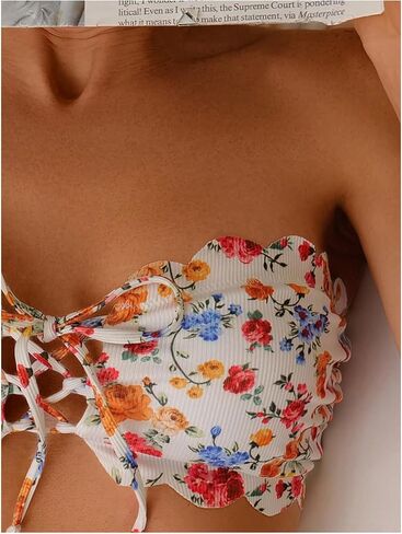 Women's Floral Bandeau Bikini Set Scallop Tie Front Bathing Suit Two Piece Swimsuit in Saudi Arabia