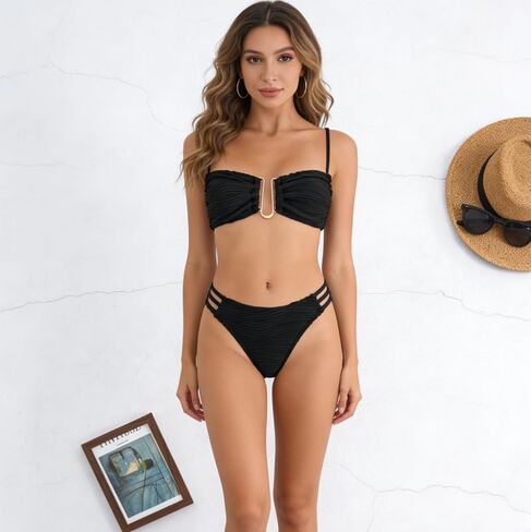 Women's Textured Black 2-Piece Bikini Set, Bandeau Top with Gold Hardware & Cutout Bottom for Beach Pool Wear in Saudi Arabia