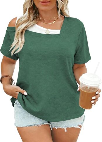 VISLILY Womens-Plus-Size-Summer-Tops Trendy Color Block T Shirts Casual Cold Shoulder Tunics Cute Short Sleeve Blouses XL-5XL in Saudi Arabia