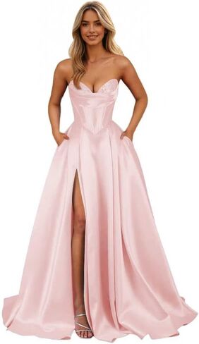 Strapless Satin Prom Dresses Long 2026 Sarin Corset Formal Evening Ball Gown with Slit in Saudi Arabia