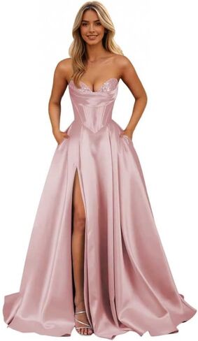 Strapless Satin Prom Dresses Long 2026 Sarin Corset Formal Evening Ball Gown with Slit in Saudi Arabia