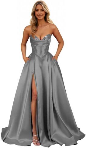 Strapless Satin Prom Dresses Long 2026 Sarin Corset Formal Evening Ball Gown with Slit in Saudi Arabia