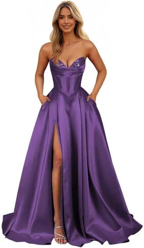 Strapless Satin Prom Dresses Long 2026 Sarin Corset Formal Evening Ball Gown with Slit in Saudi Arabia