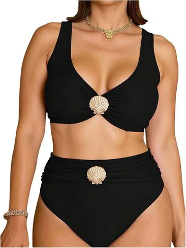 Floerns Women's Plus Size Bikini Sets Shell High Waisted V Neck Swimsuit Bathing Suit in Saudi Arabia